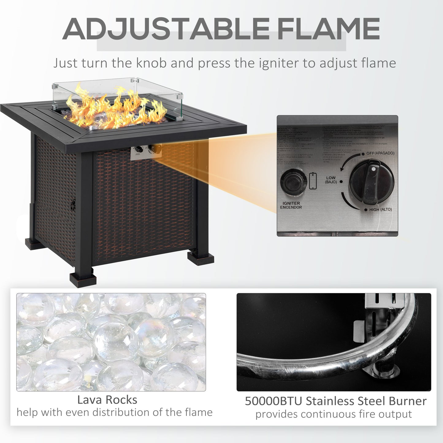 Outdoor Propane Gas Fire Pit Table Wind Screen & Glass Beads, Black Outsunny