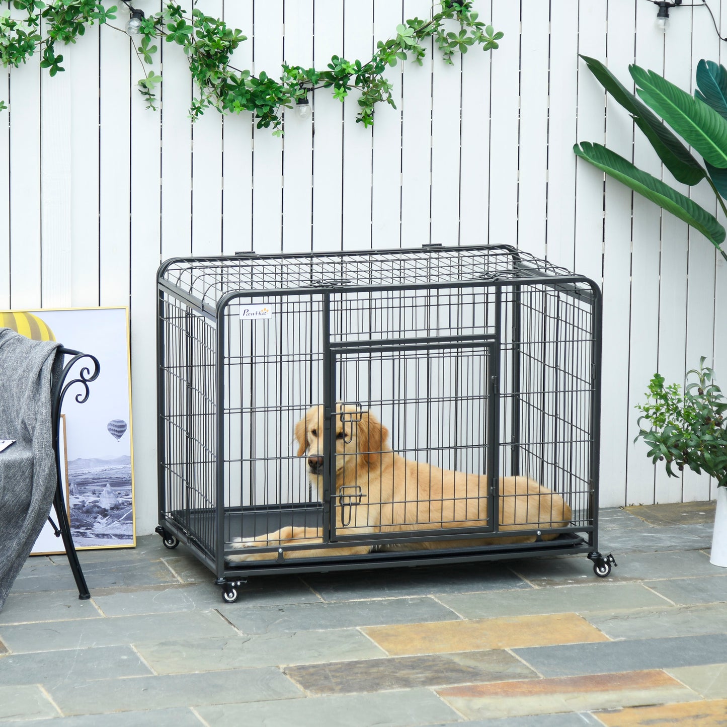 Portable 78x109cm Metal Dog Cage with Locking Wheels - Secure & Spacious Kennel