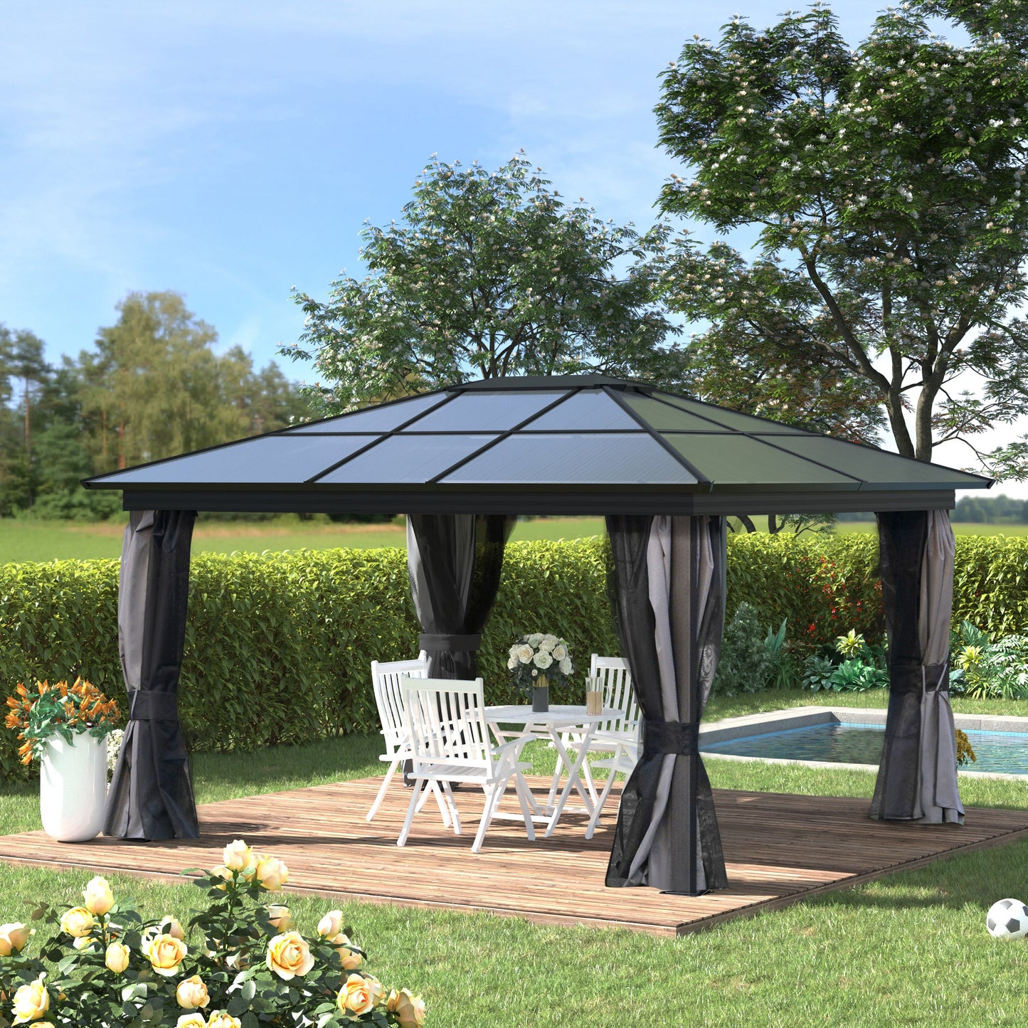 Outsunny 4x3.6m Hardtop Gazebo Canopy with Curtains & Bug Mesh - Ultimate Outdoor Retreat