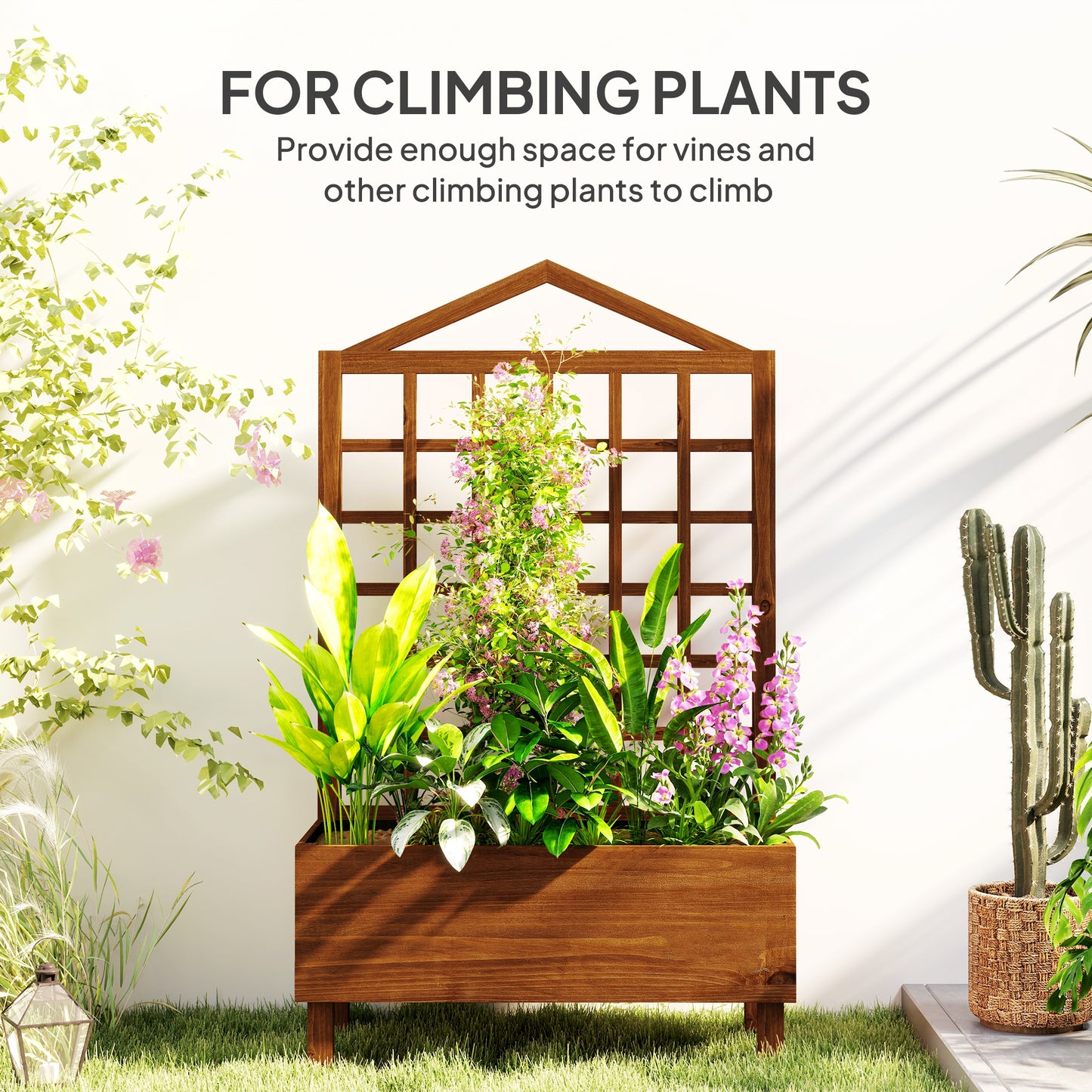Outsunny Wooden Garden Planters with Trellis for Vine Climbing Plants Brown