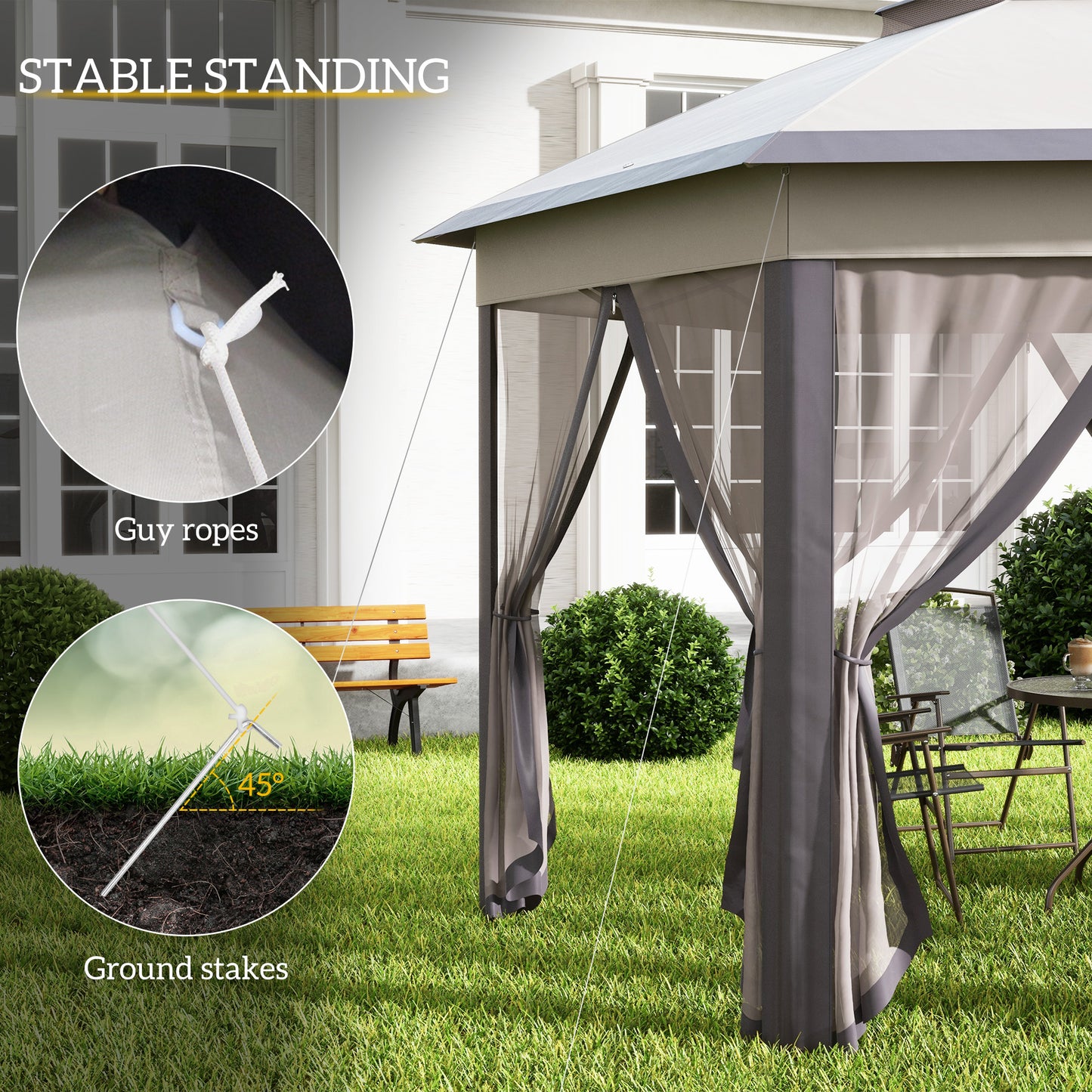 Elegant 4x4m Metal Frame Gazebo with 2-Tier Roof & Mesh Curtains - Brown