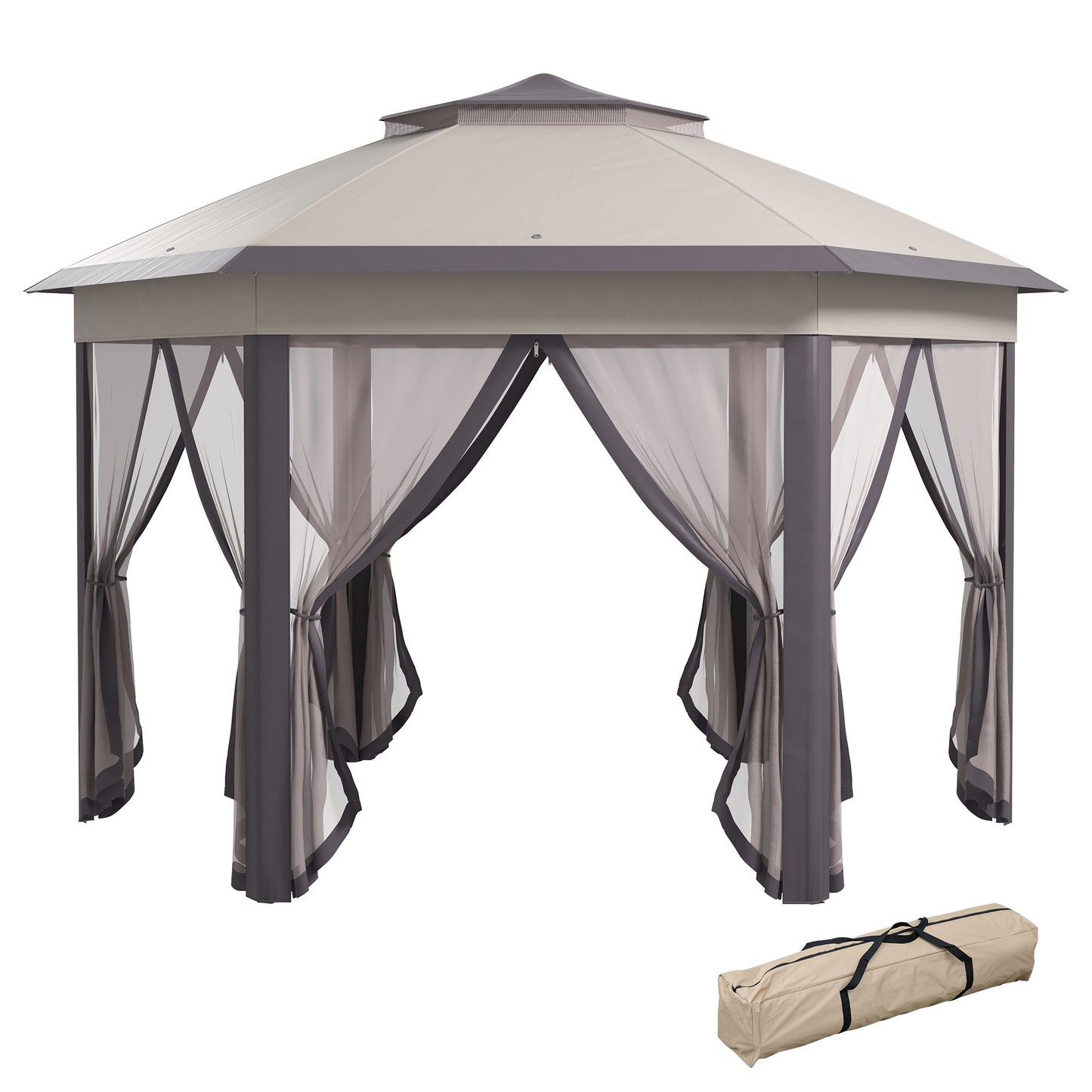 Elegant 4x4m Metal Frame Gazebo with 2-Tier Roof & Mesh Curtains - Brown