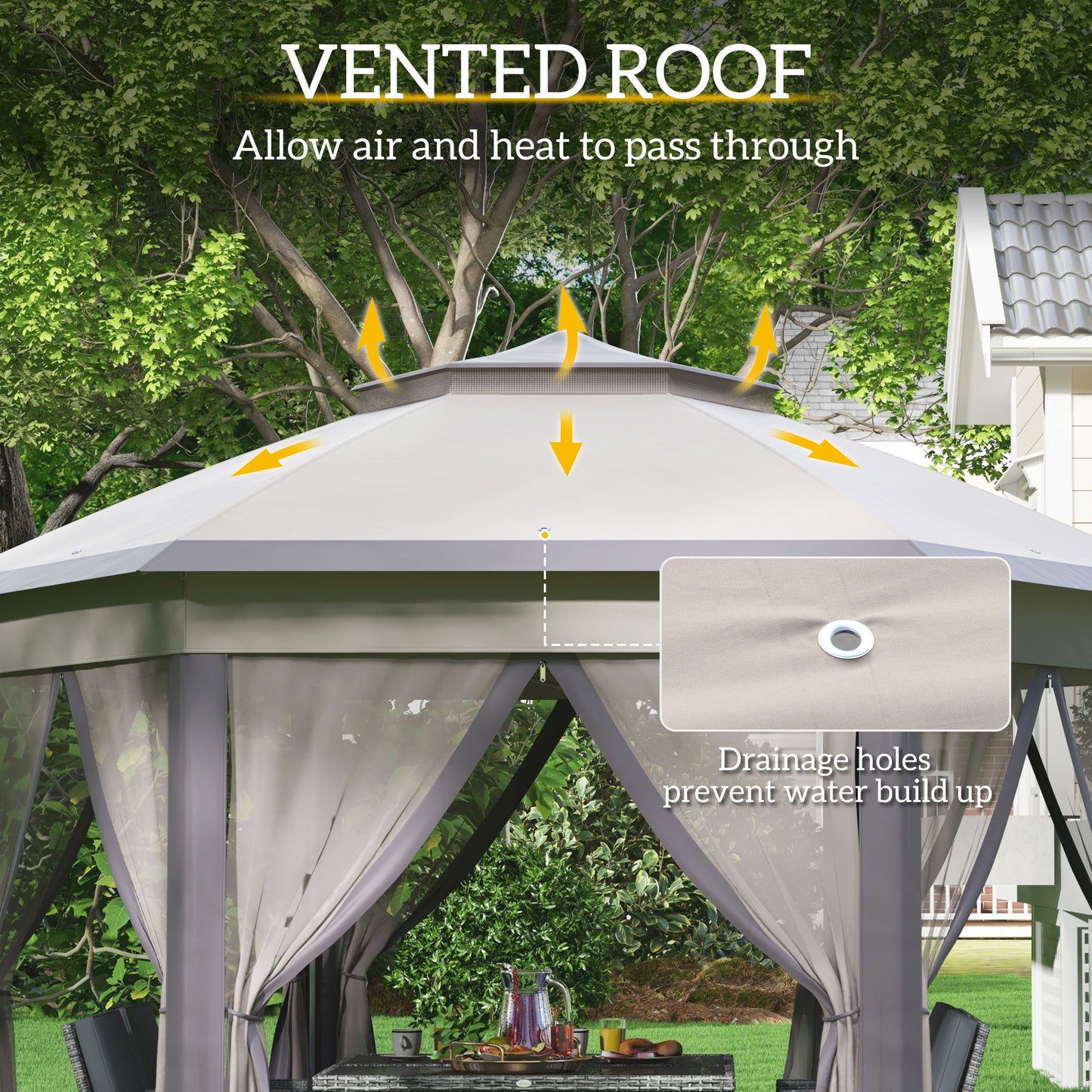 Elegant 4x4m Metal Frame Gazebo with 2-Tier Roof & Mesh Curtains - Brown