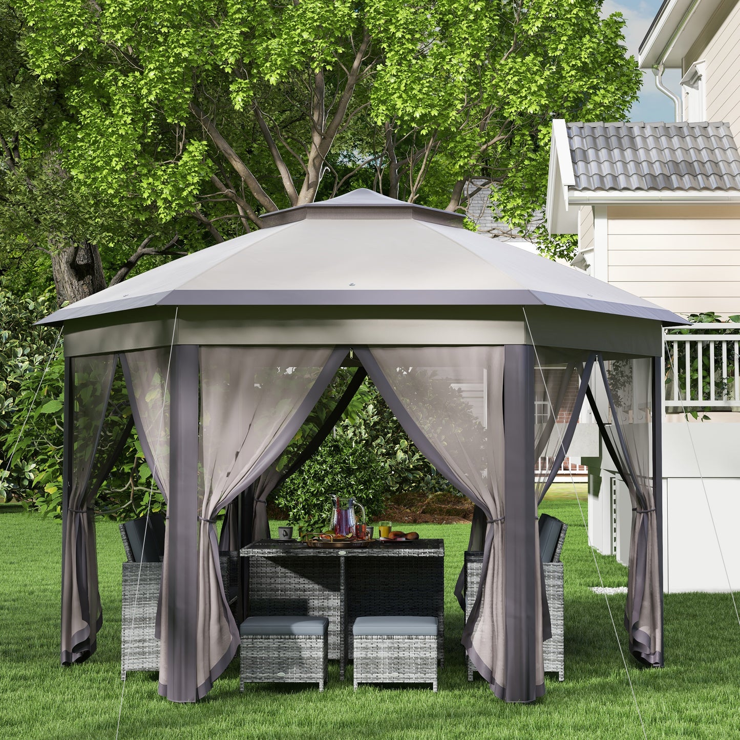 Elegant 4x4m Metal Frame Gazebo with 2-Tier Roof & Mesh Curtains - Brown