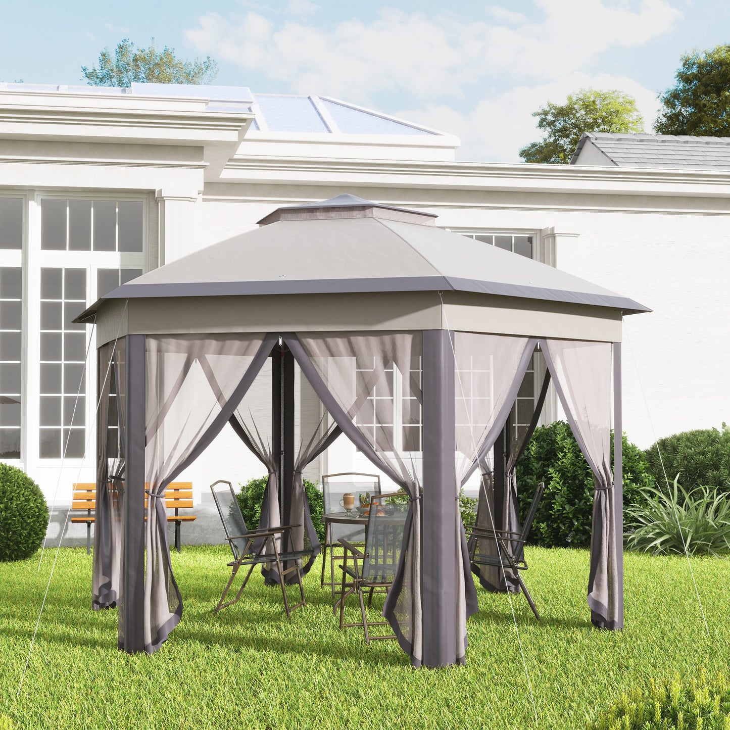 Elegant 4x4m Metal Frame Gazebo with 2-Tier Roof & Mesh Curtains - Brown