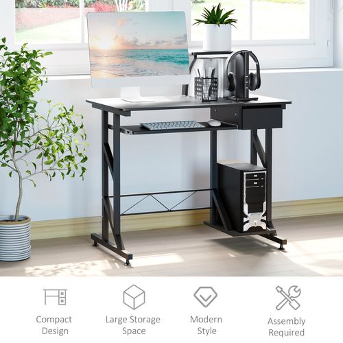 Compact Modern Home Office Desk with Sliding Tray & Elevated Shelf - Black