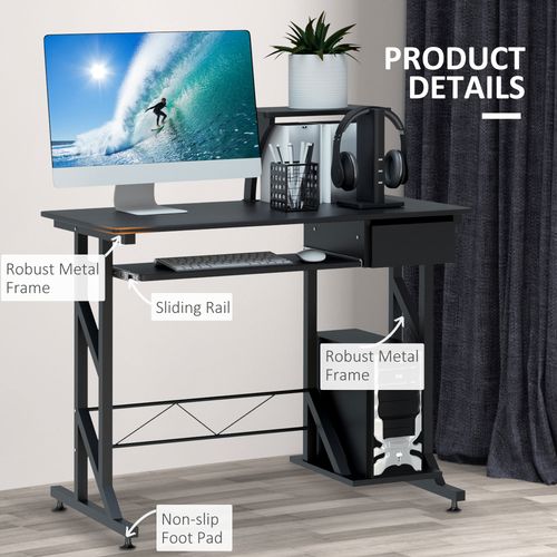Compact Modern Home Office Desk with Sliding Tray & Elevated Shelf - Black