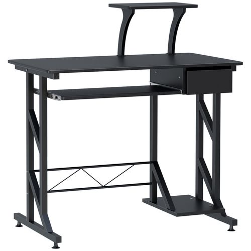 Compact Modern Home Office Desk with Sliding Tray & Elevated Shelf - Black