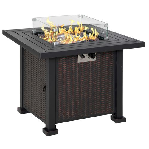 Outdoor Propane Gas Fire Pit Table Wind Screen & Glass Beads, Black Outsunny