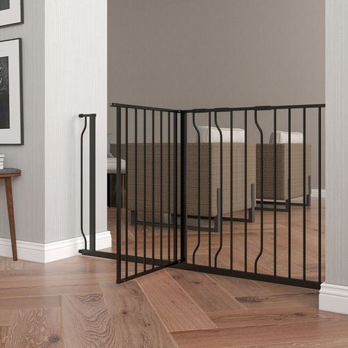 Adjustable Pet Safety Gate with Door - Fits 75-145cm Openings, Black Finish