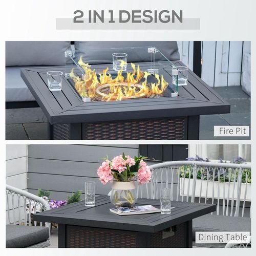 Outdoor Propane Gas Fire Pit Table Wind Screen & Glass Beads, Black Outsunny