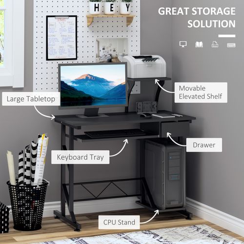 Compact Modern Home Office Desk with Sliding Tray & Elevated Shelf - Black