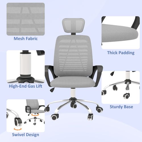 Vinsetto Ergonomic Mesh Office Chair with Adjustable Headrest - Grey Comfort