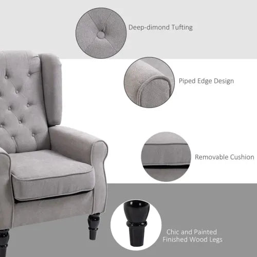 Chic Grey Wingback Accent Chair – Vintage Style with Sturdy Wooden Frame