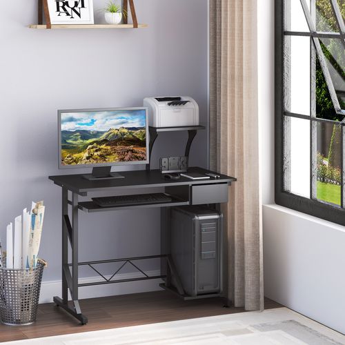 Compact Modern Home Office Desk with Sliding Tray & Elevated Shelf - Black
