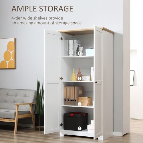 Elegant 172cm White Wooden Storage Cabinet with 4 Shelves & 2 Doors