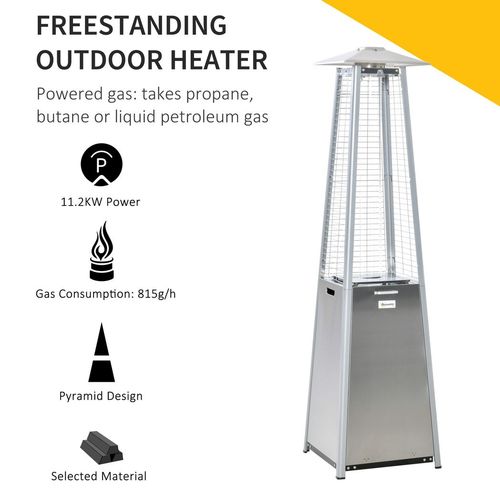 Outsunny 11.2KW Patio Gas Heater Pyramid Heater w/ Regulator Hose Cover, Silver
