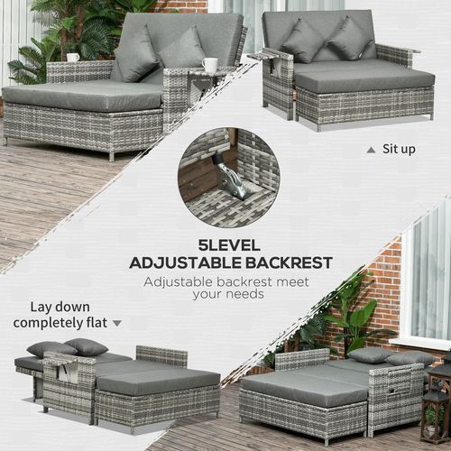 Outsunny Adjustable Rattan Daybed Set: 2-Seater Patio Lounger & Storage Stool