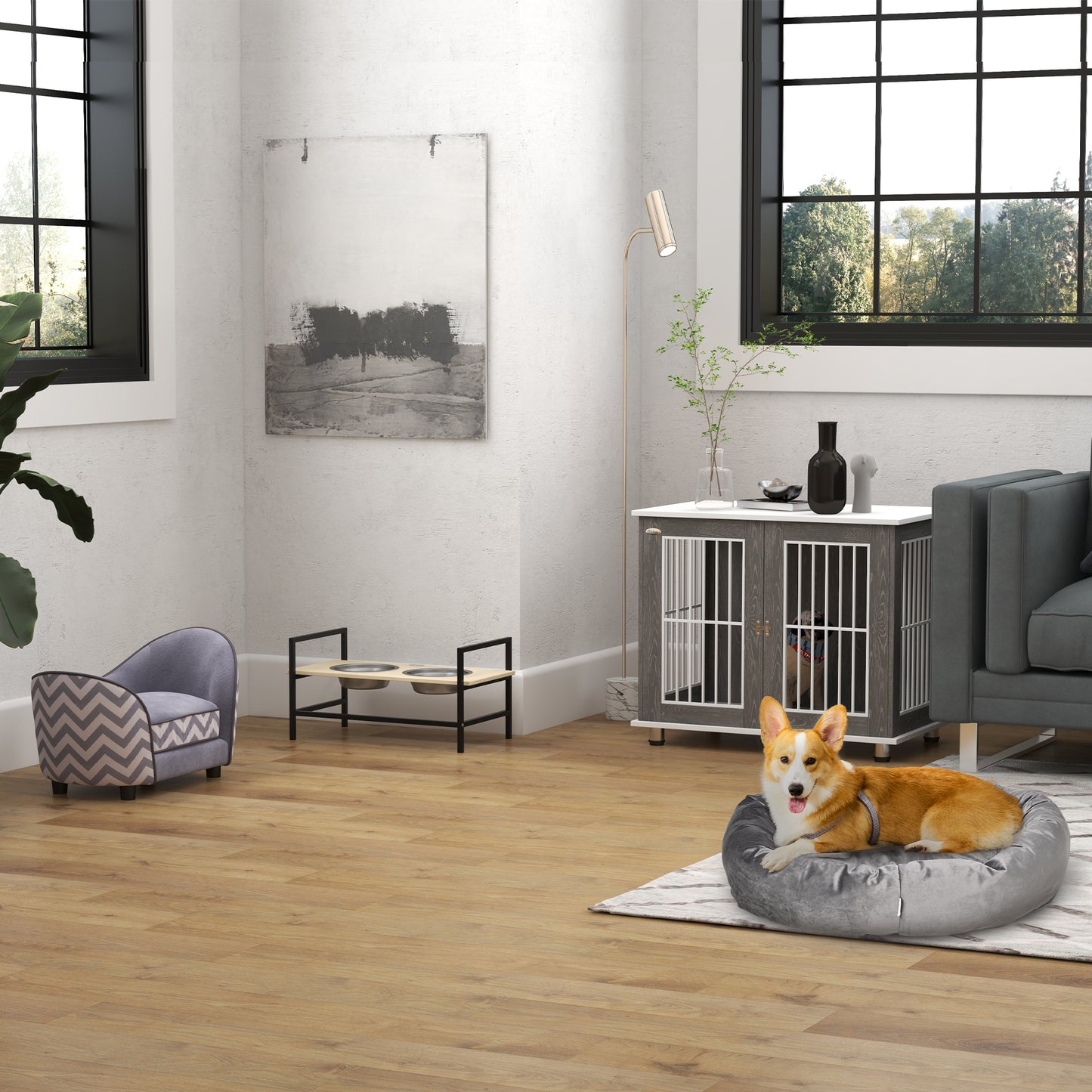 Stylish Grey & White Dog Crate with Locking Door - Dual Functionality Table!
