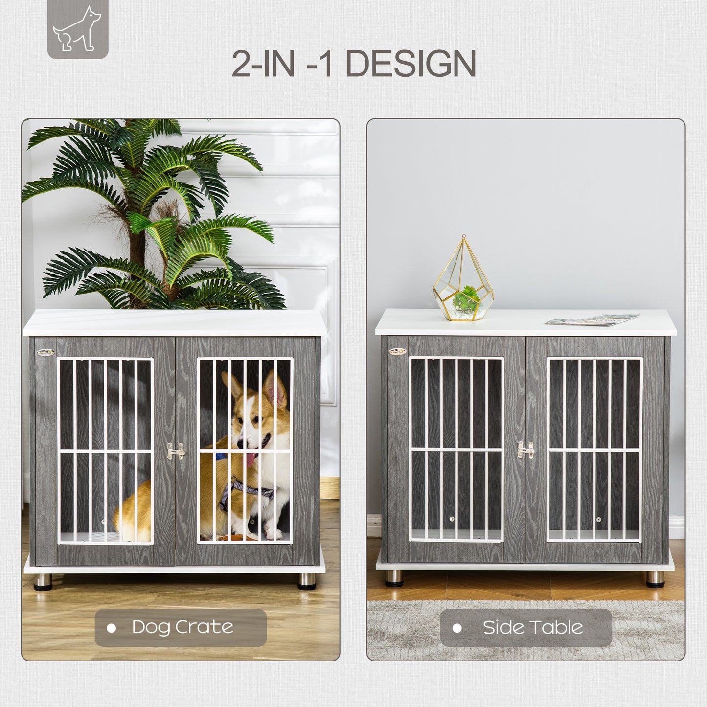 Stylish Grey & White Dog Crate with Locking Door - Dual Functionality Table!