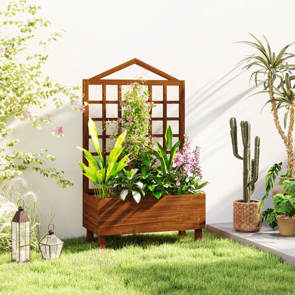 Outsunny Wooden Garden Planters with Trellis for Vine Climbing Plants Brown