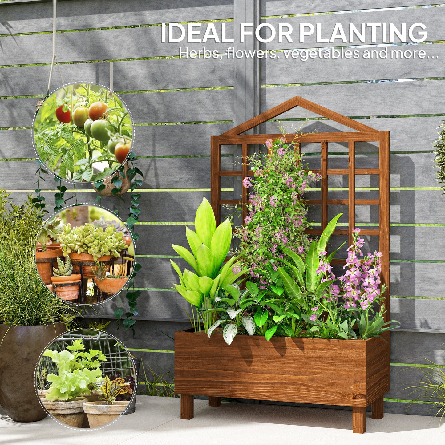 Outsunny Wooden Garden Planters with Trellis for Vine Climbing Plants Brown