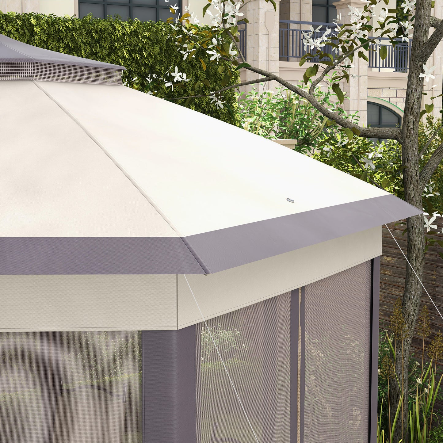 Elegant 4x4m Metal Frame Gazebo with 2-Tier Roof & Mesh Curtains - Brown