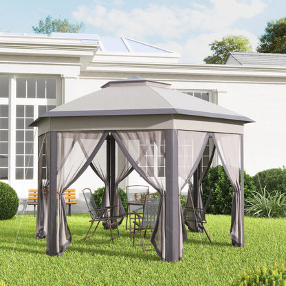 Elegant 4x4m Metal Frame Gazebo with 2-Tier Roof & Mesh Curtains - Brown