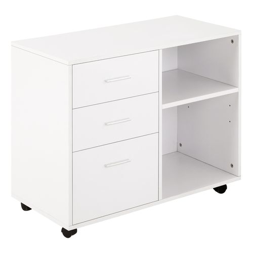 Versatile White Freestanding Storage Cabinet with Drawers & Wheels for Home/Office