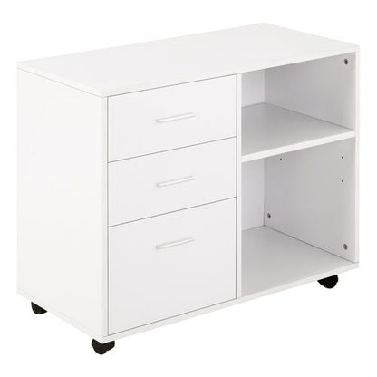 Versatile White Freestanding Storage Cabinet with Drawers & Wheels for Home/Office