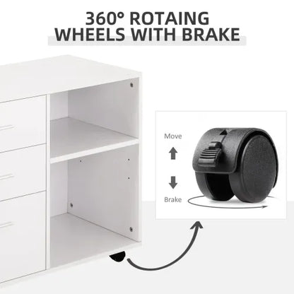 Versatile White Freestanding Storage Cabinet with Drawers & Wheels for Home/Office