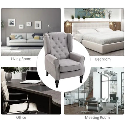 Chic Grey Wingback Accent Chair – Vintage Style with Sturdy Wooden Frame