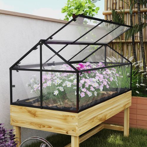 Outsunny Raised Garden Bed with Polycarbonate Panel, Natural