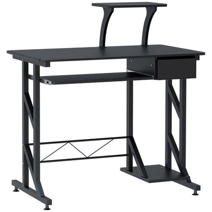 Compact Modern Home Office Desk with Sliding Tray & Elevated Shelf - Black