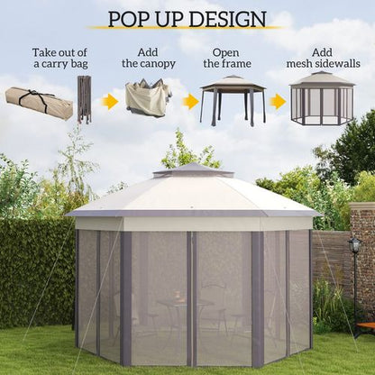 Elegant 4x4m Metal Frame Gazebo with 2-Tier Roof & Mesh Curtains - Brown