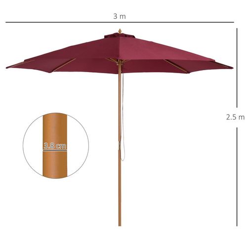 Outsunny 3m Wooden Garden Parasol - Elegant Sun Shade Umbrella in Wine Red