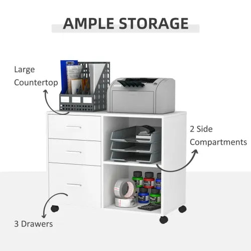 Versatile White Freestanding Storage Cabinet with Drawers & Wheels for Home/Office