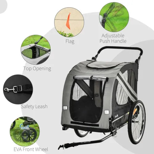 Ultimate 2-in-1 Dog Bike Trailer & Stroller - Gray with Safety Features