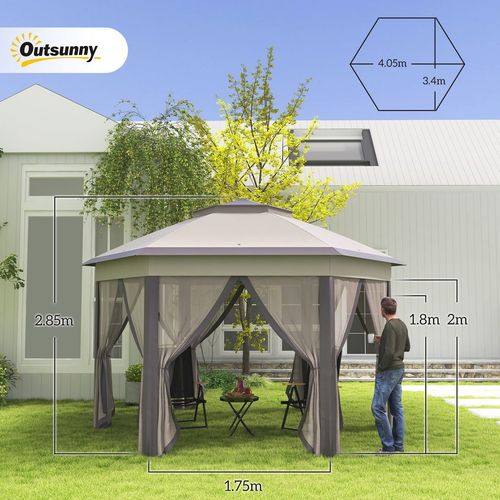Elegant 4x4m Metal Frame Gazebo with 2-Tier Roof & Mesh Curtains - Brown