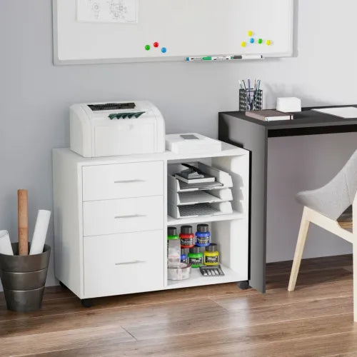 Versatile White Freestanding Storage Cabinet with Drawers & Wheels for Home/Office