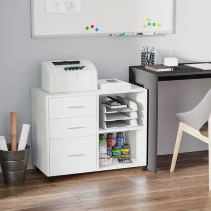 Versatile White Freestanding Storage Cabinet with Drawers & Wheels for Home/Office