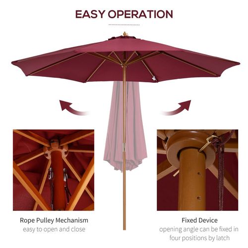 Outsunny 3m Wooden Garden Parasol - Elegant Sun Shade Umbrella in Wine Red