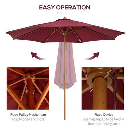 Outsunny 3m Wooden Garden Parasol - Elegant Sun Shade Umbrella in Wine Red
