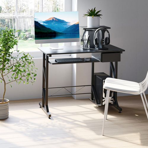 Compact Modern Home Office Desk with Sliding Tray & Elevated Shelf - Black
