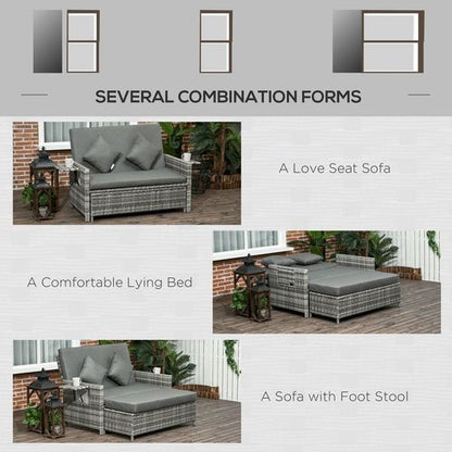 Outsunny Adjustable Rattan Daybed Set: 2-Seater Patio Lounger & Storage Stool