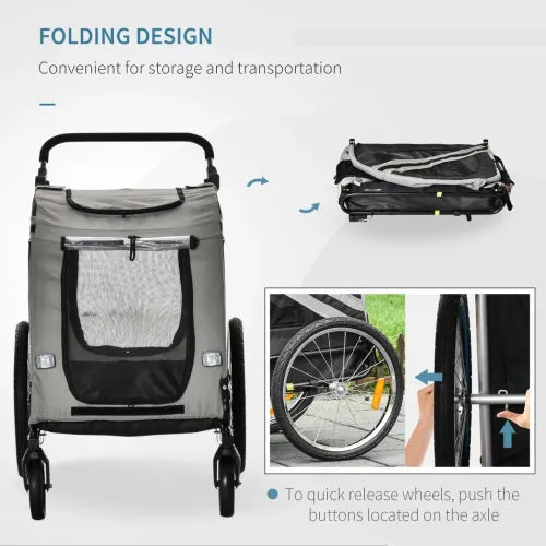 Ultimate 2-in-1 Dog Bike Trailer & Stroller - Gray with Safety Features
