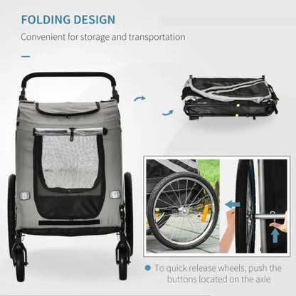 Ultimate 2-in-1 Dog Bike Trailer & Stroller - Gray with Safety Features