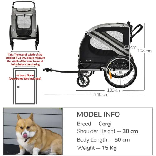 Ultimate 2-in-1 Dog Bike Trailer & Stroller - Gray with Safety Features