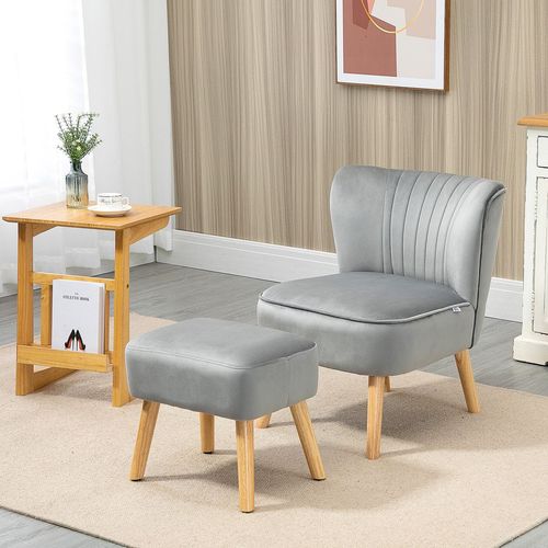 Chic Velvet Accent Chair & Ottoman Set - Stylish Comfort in Light Grey