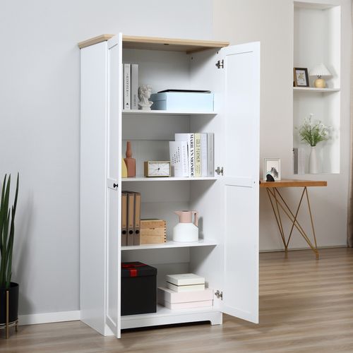 Elegant 172cm White Wooden Storage Cabinet with 4 Shelves & 2 Doors